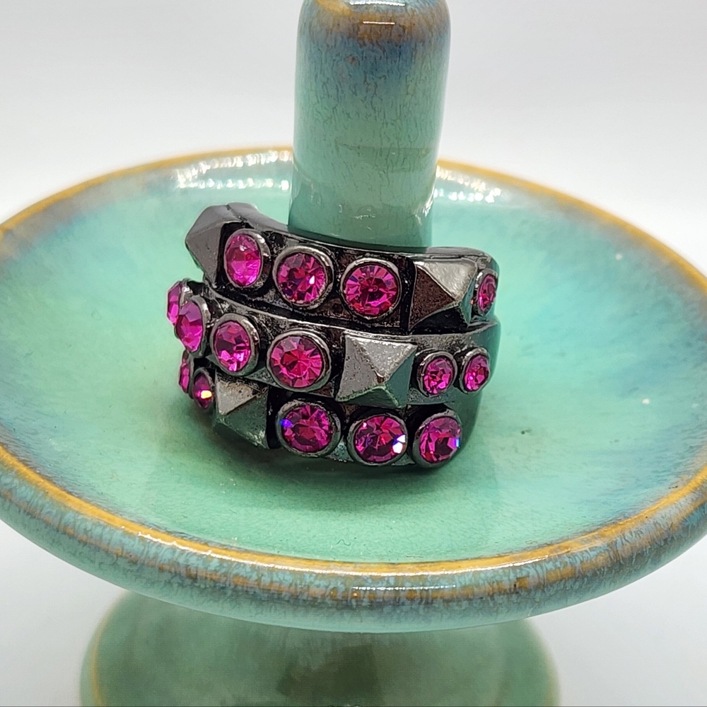 Givenchy Gunmetal Ring with Pink Crystals, Size 7